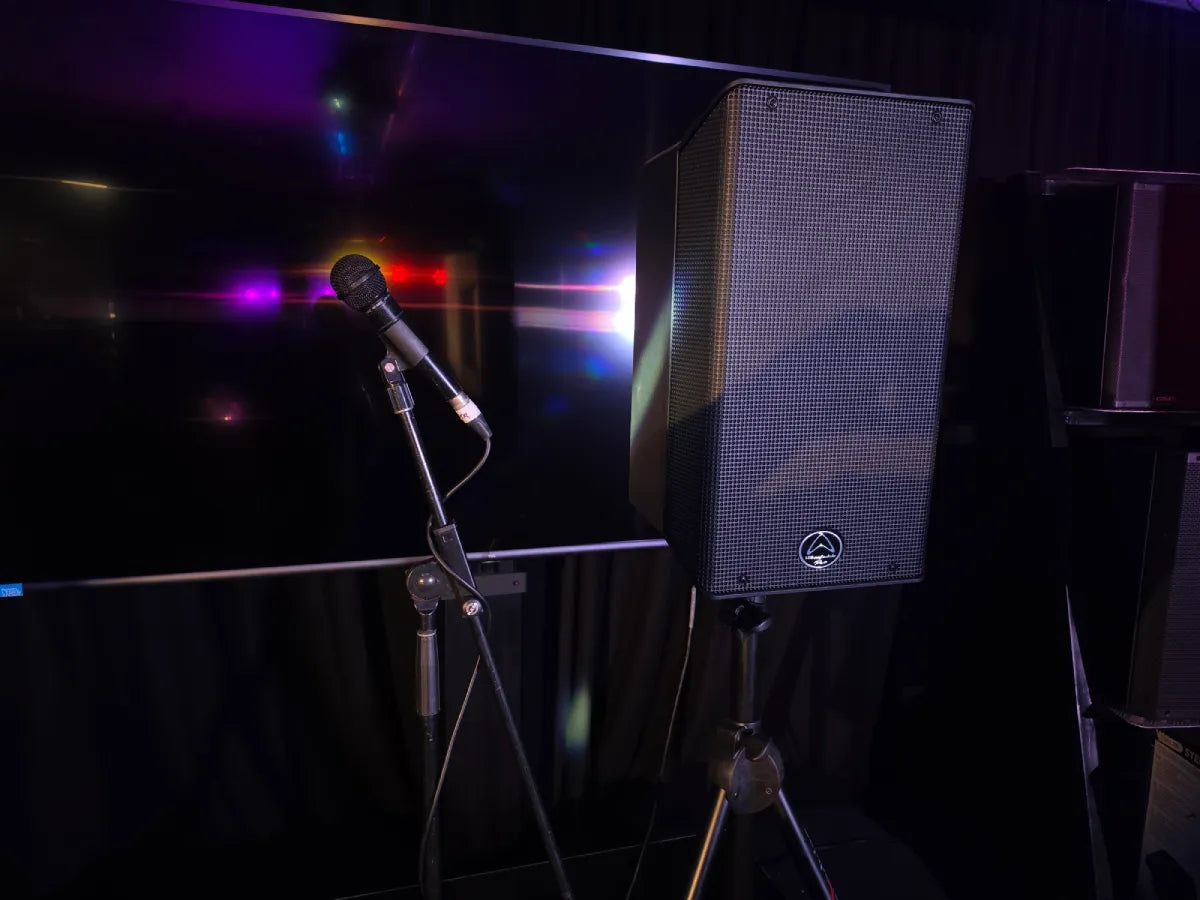 Single Speaker PA System Package – speaker and microphone front view