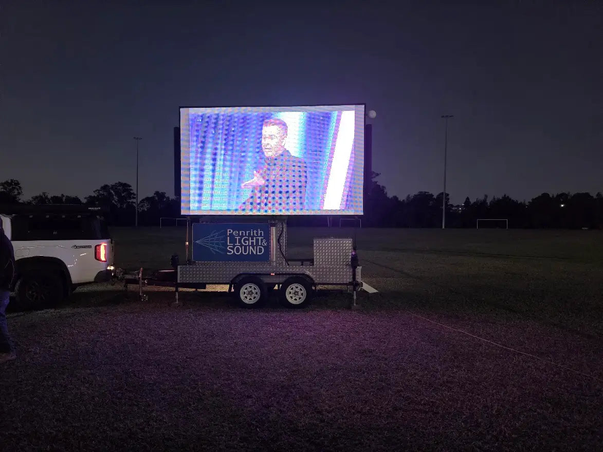 3.84m LED trailer screen hire setup at an outdoor event