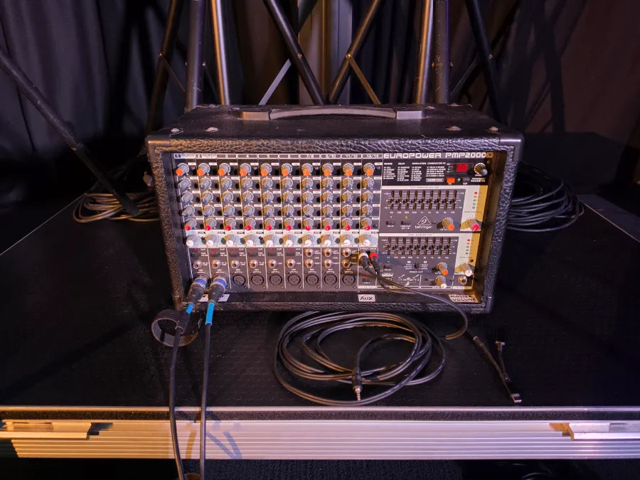 Dual Speaker & Mixer PA System Package – powered mixer and cables
