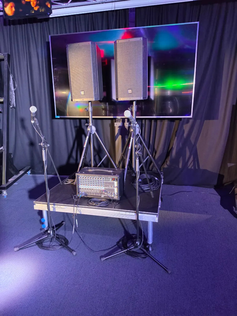 Quad Speaker & Mixer Premium PA System Package – speakers, microphones and mixer setup